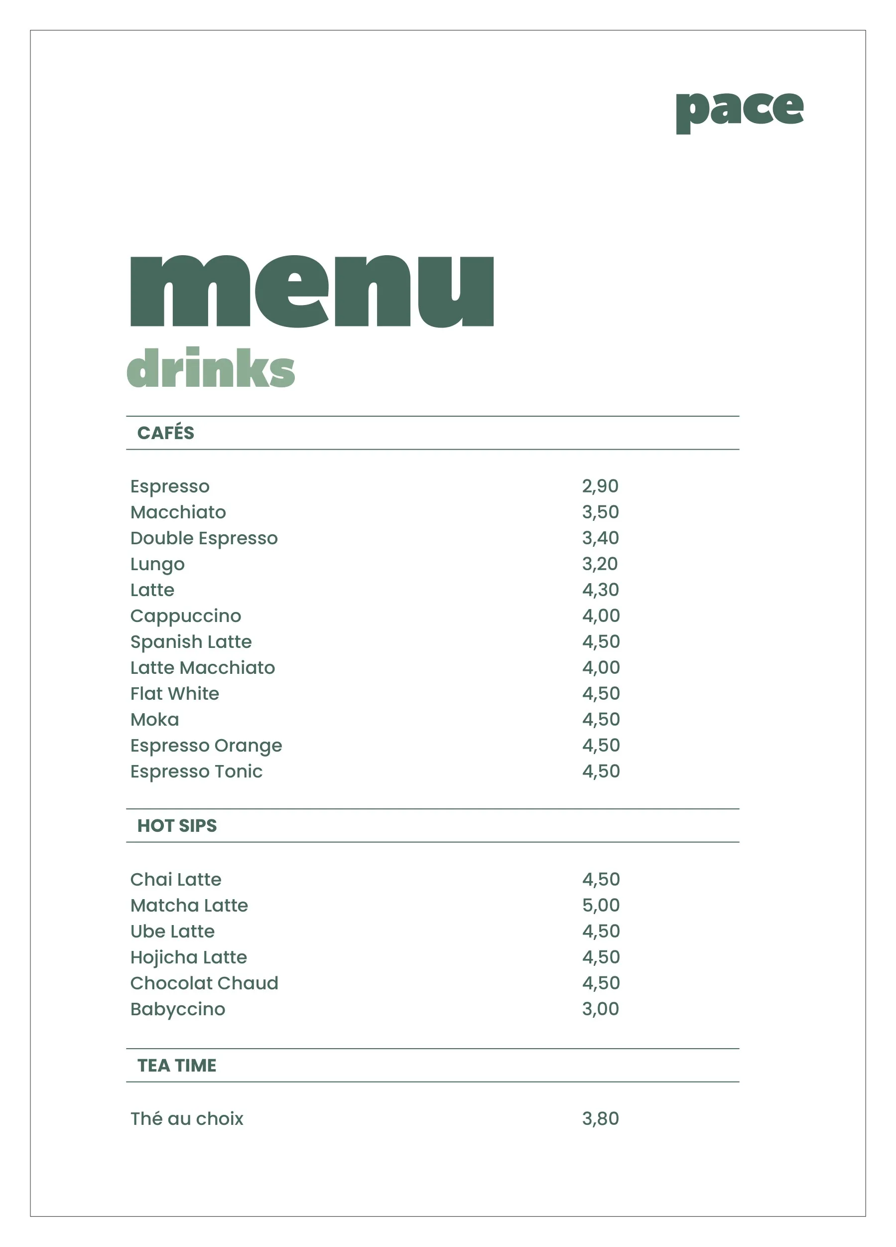 Carte drinks, volet 1 — cafés, hot sips et tea time